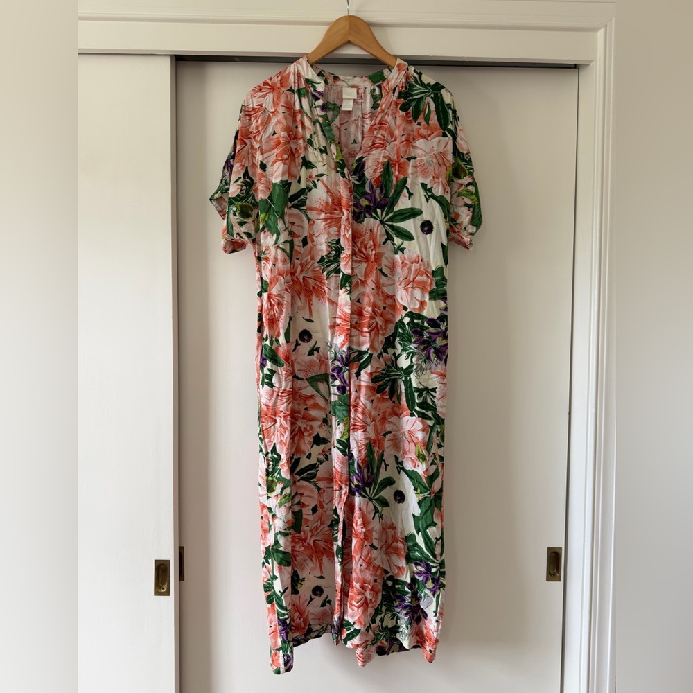Floral Maxi Kaftan Dress in Coral & Green